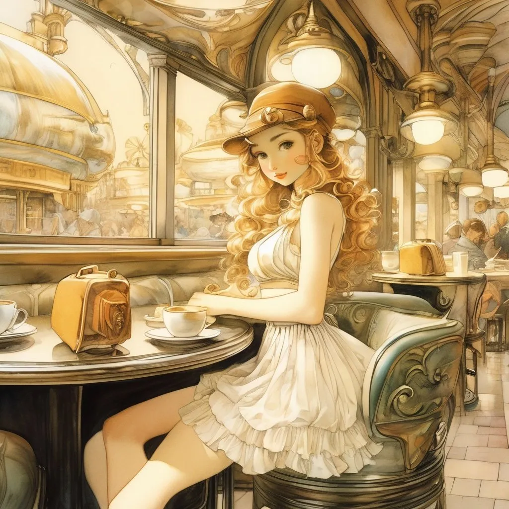 Prompt: Tony DiTerlizzi, Achille Mauzan, Surreal, mysterious, strange, fantastical, fantasy, Sci-fi, Japanese anime, invisible years, the shell of Jupiter, the miniskirt beautiful girl in the cafe, perfect voluminous body, detailed masterpiece 