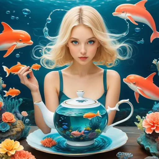 Prompt: Sydney Sime, Nell Brinkley, Krzysztof Skórczewski full colours, Elenore Abbott, Peg Maltby, Surrealism, mysterious, bizarre, bizarre, fantasy, Sci-fi fantasy, anime, ocean pouring from a teapot into a teacup, whales, coral, jellyfish, octopuses, submarines, Blonde miniskirt beautiful girl Alice's tea party, perfect voluminous body, detailed masterpiece 