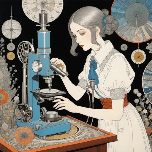 Prompt: Harry Clarke, Sara Fanelli, Katsuhiro Otomo, Takuya Fujima, George Barbier, Surrealism, wonder, bizarre, bizarre, fantasy, Sci-fi, Japanese anime, the history of elements, minerals, and fossils trapped in pebbles, atomic clocks and microscopic images, a beautiful girl scientist in a miniskirt looking through a microscope, perfect voluminous body, penstone, acritarch, chitinozoa, mica diving deep underground Ultra-microstructure of grains and quartz crystals, detailed masterpiece low high angles perspectives 