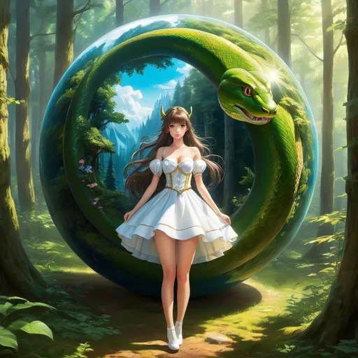 Prompt: Josef Liesler, Eugene Ivanov, František Muzika, Chris van Es, Surrealism, mysterious, bizarre, fantastical, fantasy, Sci-fi, Japanese anime, a world beyond the forest and a cute devilish miniskirt beautiful girl princess, perfect voluminous body, coquettish looking at viewer, the heavenly joy of world fulfillment, a sphere, a snake that travels around the world, detailed masterpiece 