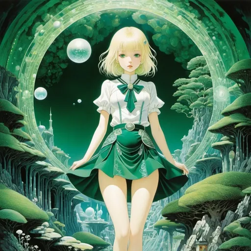 Prompt: Kay Nielsen, Levi Pinfold, Stanislao Lepri, Aurélie Neyret, Yoshitaka Amano, Surrealism Mysterious Weird Fantastic Fantasy Sci-Fi, Japanese Anime, Malachite, Attic Mineral Collection, Dendrite, Mineral World Beautiful Blonde Miniskirt Girl Alice, perfect voluminous body, detailed masterpiece 