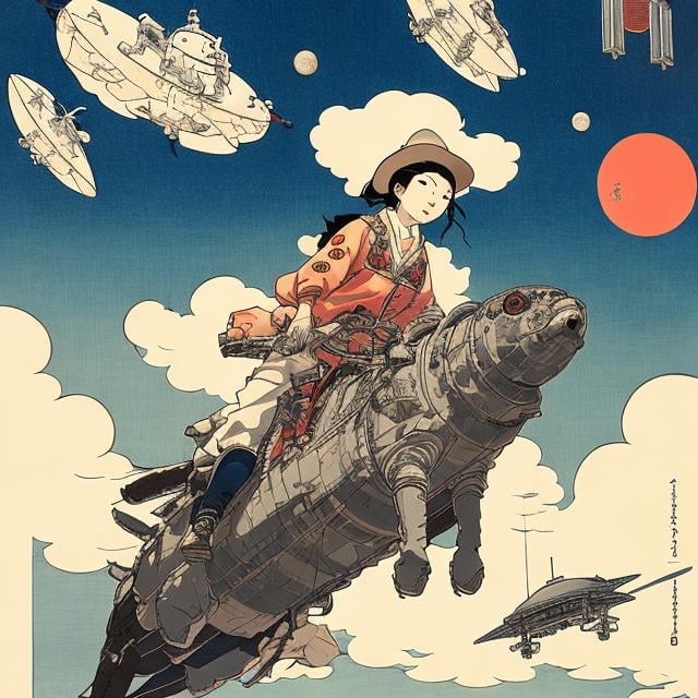 Prompt: Ukiyo-E Katsuhiro Otomo, Margaret Tarrant, Japanese high school girl, short dark hair, looking up sky above, spacecraft in the sky, blue sky with clouds. manga lines, cowboy shot