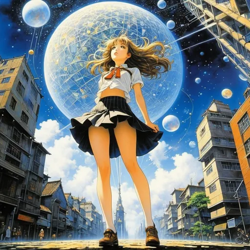 Prompt: Frank R. Paul, John Austen, Yoshitaka Amano, Surreal, mysterious, strange, fantastical, fantasy, Sci-fi, Japanese anime, countless pieces of the universe falling like a rain, Einstein's equation of gravity, city, beautiful girl in a miniskirt looking up at the sky, detailed masterpiece 