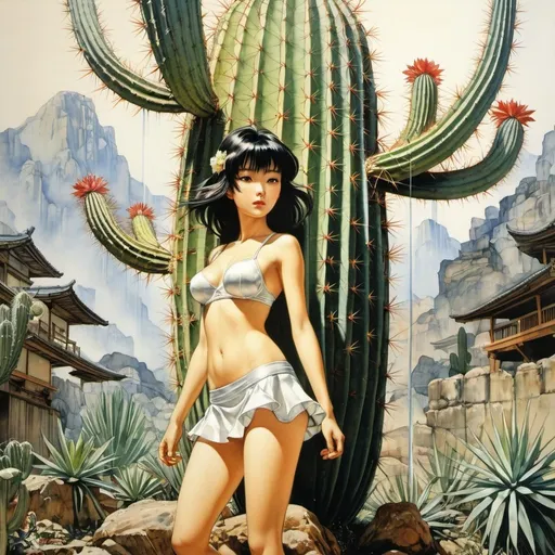 Prompt: Yoshifumi Kondō, Yoshinori Kanada, Toshihiro Kawamoto, Arthur Rackham, Heinz Edelmann, Ethel Hays, Rafael de Penagos, Josh Kirby, Surrealism, wonder, strange, bizarre, fantasy, Sci-fi, Japanese anime, giant cactus bonsai kingdom, miniskirt beautiful girl watering, perfect voluminous body, wet wet, detailed masterpiece hand coloured drawings 