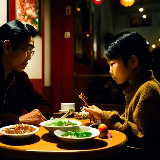 Prompt: Paule Vézelay, Yoshitoki Ōima, Surreal, mysterious, strange, fantastical, fantasy, Sci-fi, Japanese anime, Christmas Eve, father and son eating pho noodles at a Vietnamese restaurant, curious about the beautiful girl in the table over there, snow, detailed masterpiece 