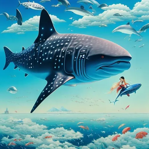 Prompt: Christian Riese Lassen, Katsuhiro Otomo, Kay Nielsen , Surreal, mysterious, strange, fantastical, fantasy, Sci-fi, Japanese anime, whale shark swimming in the air, beautiful high school girl in a miniskirt riding a whale shark, blue sky, clouds, Tokyo Tower, bird's eye view, hyper detailed masterpiece high resolution definition quality, depth of field cinematic lighting 