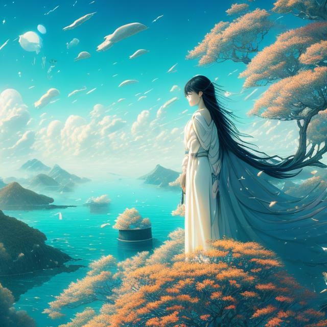 Prompt: Hiroshi masumura, Surreal Mysterious Bizarre Fantastic Fantasy Sci-fi, Japanese Anime, Words are the world's ocean of iconography,, Beautiful girl straight out of a novel, Travels, The Flight of Icarus, Metaphysics, Flying in the sky, detailed masterpiece, high resolution definition quality, depth of field, cinematic lighting 