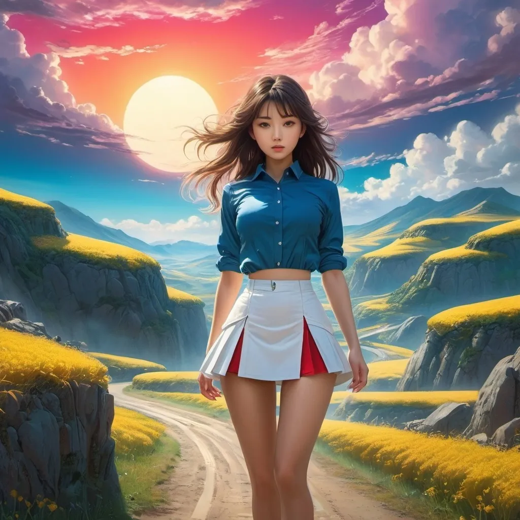 Prompt: Maxwell Armfield, Dale Messick, Anca Smărăndache, Dagmar Berková, Chiho Saito, Surrealism, Mysterious, Strange, Outlandish, Fantasy, Sci-Fi, Japanese Anime, Miniskirt Beautiful Girl from Antares, perfect voluminous body, A connecting road reached after a long journey, detailed masterpiece 