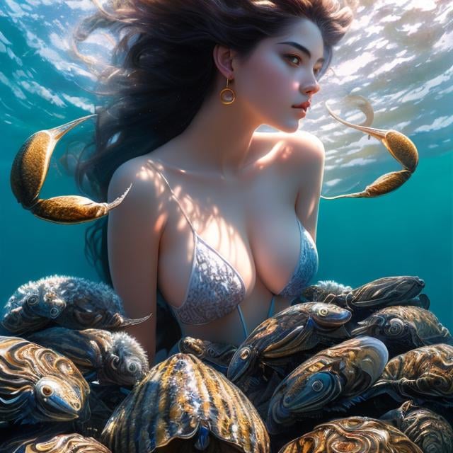 Prompt: Miles Johnston, Mabel Attwell, Surreal, mysterious, bizarre, fantastical, fantasy, Sci-fi, Japanese anime, huge oysters, hairy crabs dancing around, big catch of fish, of course, don't forget the drinks, big party, miniskirt beautiful girl, perfect body, fun, detailed dynamic masterpiece