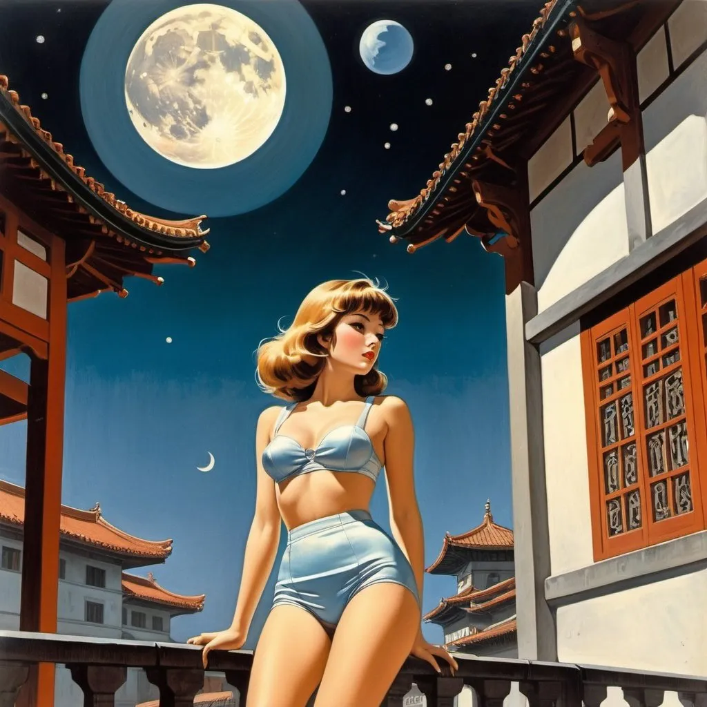 Prompt: Florence Magnin, Jean-Claude Mézières. Manchu, Ed Emshwiller, Surrealism, Mysterious, Weird, Outlandish, Fantasy, Sci-fi, Japanese Anime, How to spend a sleepless night, Beautiful high school girl in a miniskirt chatting with the moon, perfect voluminous body, detailed masterpiece low high angles perspectives 