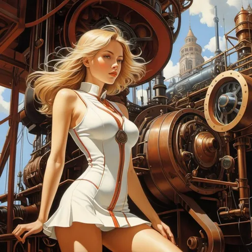 Prompt: Beatrice Alemagna, Elzbieta Gaudasinska, Kilian Eng, Francois Schuiten, Beni Montresor, Surrealism, strange, bizarre, fantastic, fantasy, Sci-fi, Japanese anime, how to coexist with machines, from steam engines to AI, New Machine Age, miniskirt beautiful girl in mechanical clothes, perfect voluminous body, detailed masterpiece 