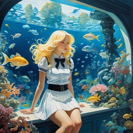 Prompt: Tomokazu Matsuyama, Rowena Morrill, Sandro Chia, James C. Christensen, Tsuguharu Foujita, Surrealism Mysterious Weird Fantastic Fantastic Sci-Fi, Japanese Anime, Kraken in a Giant Glass Aquarium, a beautiful blonde miniskirt girl Alice looking up at the aquarium and looking at the Kraken, perfect voluminous body, low high angles perspectives detailed masterpiece 