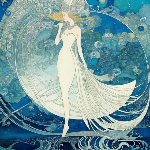 Prompt: Kay Nielsen, Sulamith Wülfing　animesque　wondrous　strange　Whimsical　surreal　Sci-fi Fantasy Girl Sleeps in Satellite Orbit