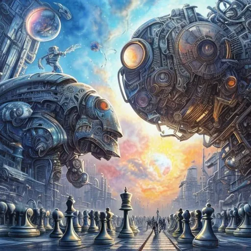 Prompt: John Stephens art style, watercolours like, detailed, sci-fi fantasy, surreal, weird, on huge chess board, girl running, robots, moon overhead, laser beam, 