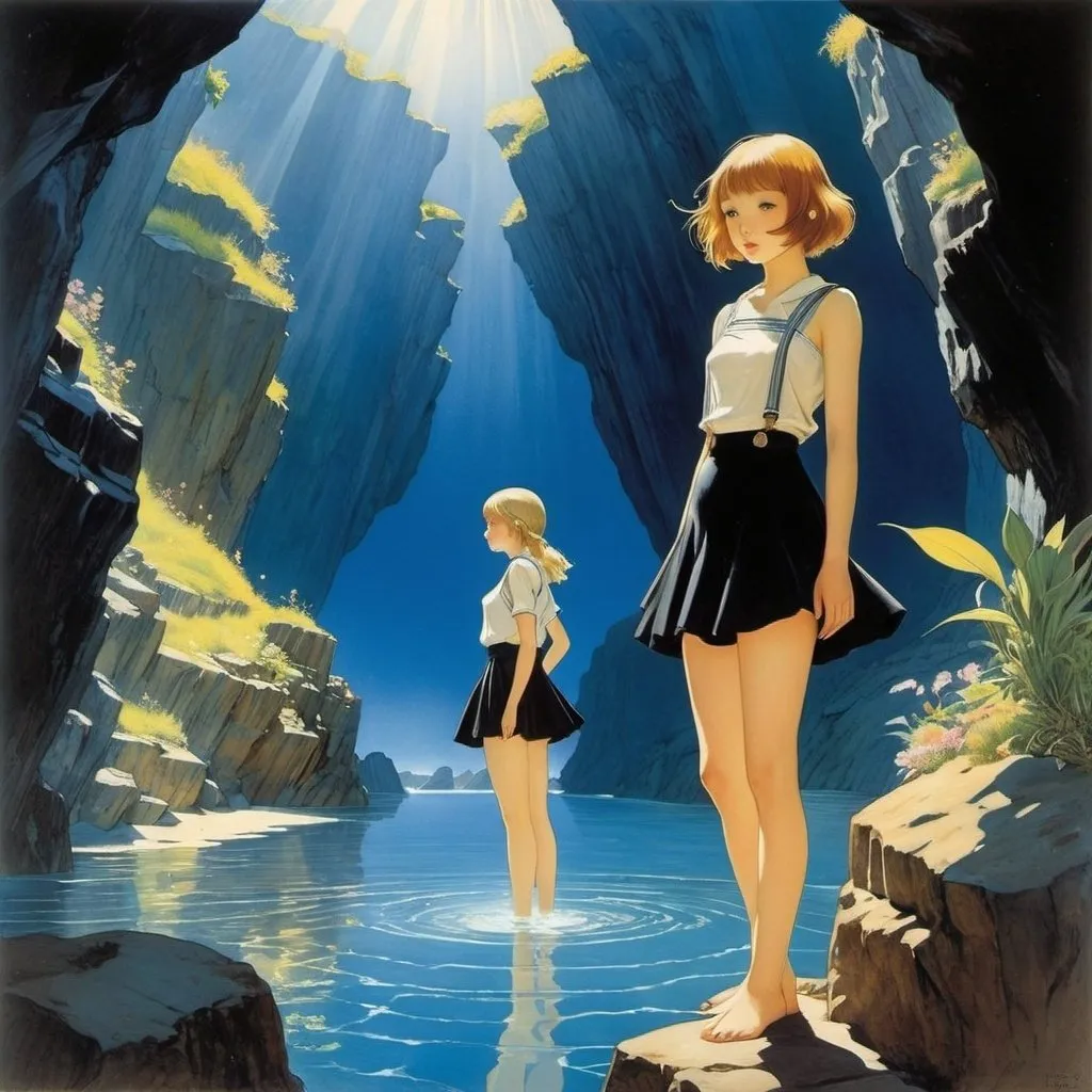 Prompt: Margaret Tarrant, Oscar Conti, Pierre Puvis de Chavannes, Katsura Hoshino, Reginald Knowles full colours, Surrealism Mysterious Weird Fantastic Fantasy Sci-Fi, Japanese Anime, Ocean Ridge Hydrothermal Deposit Mineral Garden, Black Mine, Geochemistry and Physics, Miniskirt Beautiful High School Girl, perfect voluminous body, detailed masterpiece 