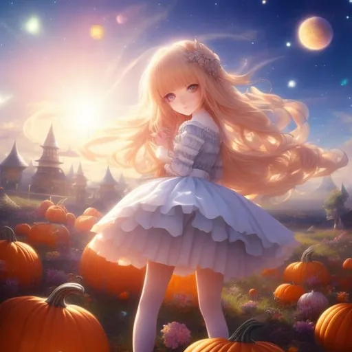 Prompt: Adrienne Segur, Heikala, Surreal, mysterious, strange, fantastical, fantasy, Sci-fi, Japanese anime, giant pumpkin in the pumpkin patch, airship in the starry sky, beautiful blonde miniskirt girl Alice looking up, perfect voluminous body, detailed masterpiece 