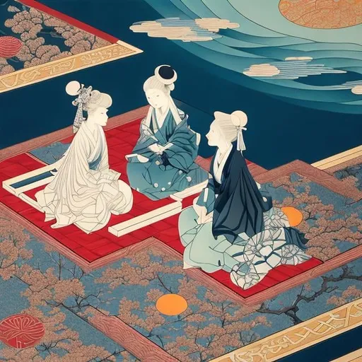 Prompt: Ukiyo-e style　Margaret Tarrant, m c Escher Anime　surreal　fanciful　wondrous　strange　Whimsical　Sci-Fi Fantasy　Chessboard under the moon Chess pieces of geometric solids　Girl Alice