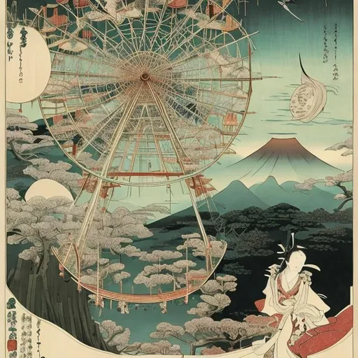 Prompt: Ukiyo-e style　Leonora Carrington, Maurice Sendak, Kay Nielsen Anime　surreal　wondrous　strange　Whimsical　absurderes　fanciful　Sci-Fi Fantasy　Night Ferris wheel