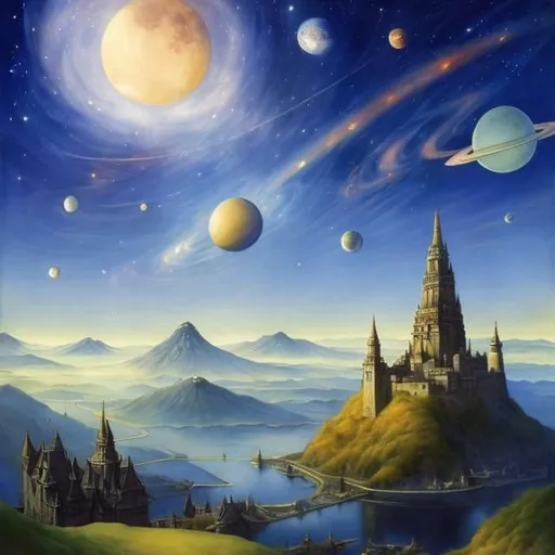Prompt: Anton Pieck, Ul de Rico, Margaret Tarrant, Surreal, mysterious, bizarre, fantastical, fantasy, sci-fi, Japanese anime, Christmas parade through outer space, leading the way is a beautiful high school girl in a miniskirt, perfect voluminous body, a nebula, a group of planets, a spaceship, a rainbow, detailed masterpiece 