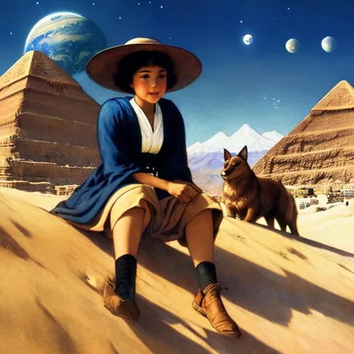 Prompt: Jessie Willcox Smith, Sulamith Wülfing, Kate Greenaway, 　wondrous　strange　Whimsical　Sci-Fi FantasyJapanese high schoolgirl climbing the pyramids of Giza on a bicycle　a beauty girl　solo girl a moon　Milky Way　spacecraft, resolution masterpiece hyper detailed close up to girl