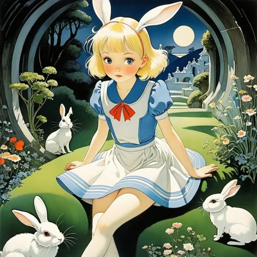 Prompt: Mabel Attwell, Junaida, Yuu Watase, Kay Nielsen, Margaret Tarrant, Surrealism Mysterious Weird Fantastic Fantasy Sci-Fi, Japanese Anime, Backyard Labyrinth, Chasing the Rabbit, No matter where you go, it's time for tea, a beautiful blonde miniskirt girl Alice, perfect voluminous body, detailed masterpiece 