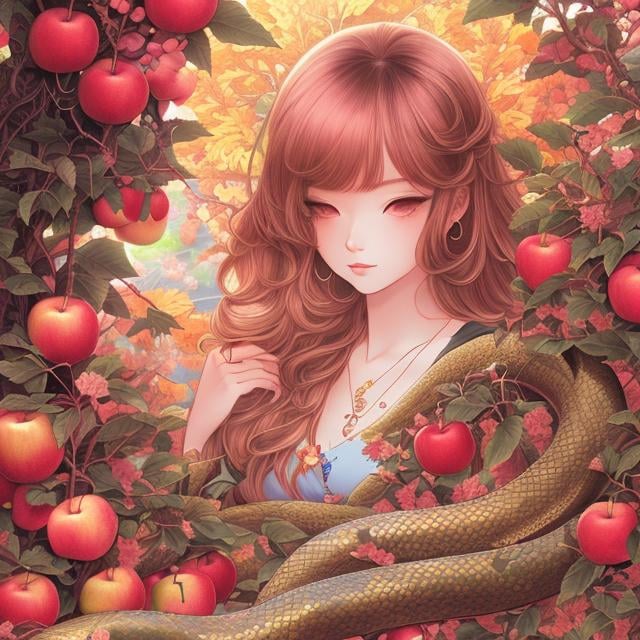 Prompt: Sydney Sime, Japanese anime, Katsuhiro Otomo, manga lines, Eve, apple Tree, holding an apple, huge snake, hyperdetailed, realistic, high resolution, high quality, high definition, masterpiece 