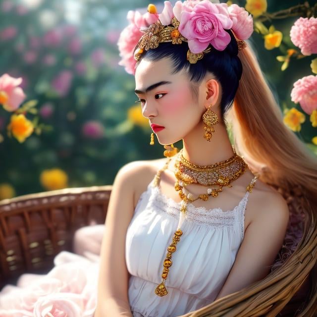 Prompt: Frida Kahlo, Yukari Higa, Surreal, mysterious, strange, fantastical, fantasy, Sci-fi, Japanese anime, Parsifal's Easter, playing in dreams, blonde miniskirt beautiful girl Alice, perfect voluminous body, bird's eye view, detailed masterpiece 