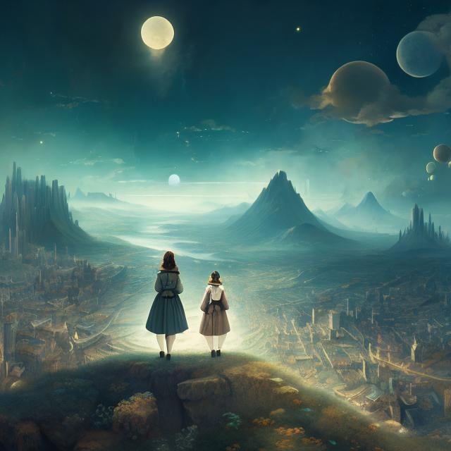 Prompt: Kate Greenaway, Surreal Mystery Strange Fantastic Fantasy Sci-fi Fantastic, Japanese Anime, Linear Perspective, Mannerism, Panorama, Photography, Cubism, Miniskirt Girl Alice, Establishment of Perspective, Collapse of Renaissance Space, Tableau and Panorama, Rebellion and Challenge to Perspective, detailed masterpiece high resolution definition quality, depth of field, cinematic lighting 