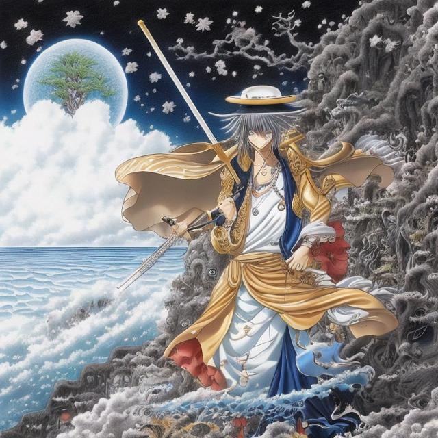 Prompt: Eiichiro Oda drawing, Surreal, mysterious, strange, fantastical, fantasy, sci-fi, Japanese anime, Let's leave before the night is over, Let's go to greet the tomorrow we don't see yet, I have no regrets about that decision, Oh I know what I'm supposed to do, What kind of trials await me? I can't stop my throbbing heart, there's only one place to aim for, detailed masterpiece 