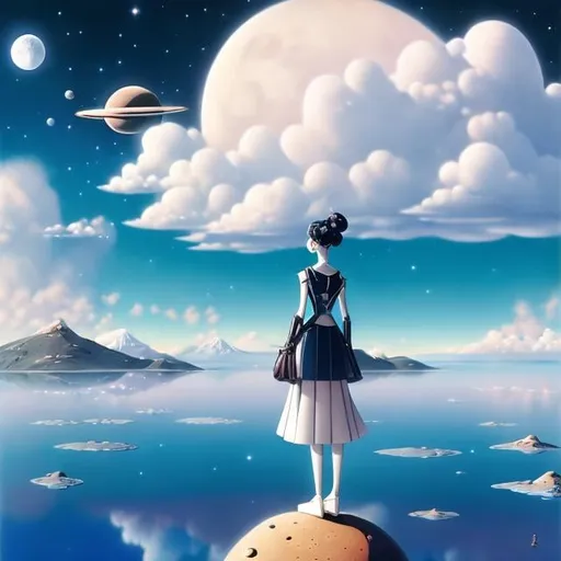 Prompt: Franciszka Themerson, Rohan Eason, Surreal, mysterious, strange, fantastical, fantasy, Sci-fi, Japanese anime, moonlit night orchestra, beautiful girl in miniskirt, perfect voluminous body, sea, space, clouds, detailed masterpiece 
