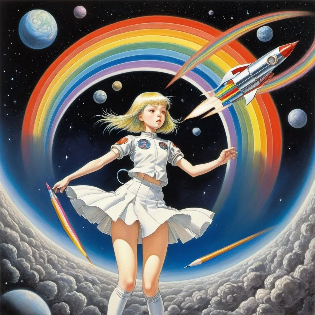 Prompt: Hiroshi Hirata, John M. Burns, Kevin O'Neill, Kay Nielsen, Květa Pacovská, Surrealism, wonder, strange, bizarre, fantasy, Sci-fi, Japanese anime, miniskirt beautiful high school girl drawing a rainbow in space with colored pencils, perfect voluminous body, rocket disintegrating, detailed masterpiece 