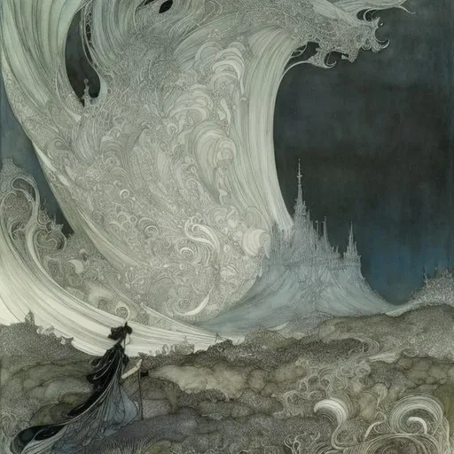 Prompt: Arthur Rackham, Kay Nielsen, Japanese anime, heart of the south eye of the northbfingertips of the west east heel Gather together with the wind Shake off the rain and scatter, detailed high resolution definition quality masterpiece 