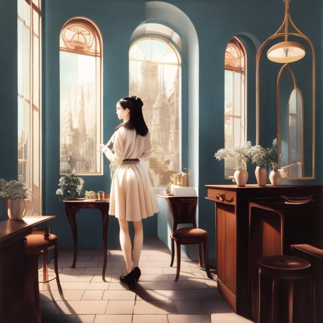 Prompt: PERDITA SINCLAIR, Mabel Attwell, Surreal, mysterious, strange, fantastical, fantasy, Sci-fi, Japanese anime, miniskirt beautiful girl iconology, physics of vision, perspective drawing, perspective, mirror reflection, 3D geometry, tea at a cafe, detailed masterpiece 