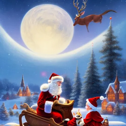 Prompt: Randolph Caldecott, Elsa Thoresen, Surreal, mysterious, strange, fantastical, fantasy, Sci-fi, Japanese anime, beautiful blonde miniskirt girl Alice in a bright red Santa costume, riding a reindeer sleigh through the night sky, Christmas presents piled up on the carrier, stars, aurora, hyper detailed masterpiece 