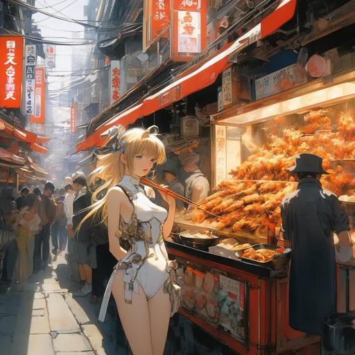 Prompt: Masamune Shirow, Anne Anderson, Surreal, mysterious, strange, fantastical, fantasy, Sci-fi, Japanese anime, Yakitori stall, beautiful girl in a mechanical suit eating Yakitori, perfect voluminous body, Shinjuku Kabukicho, crowd, detailed masterpiece 