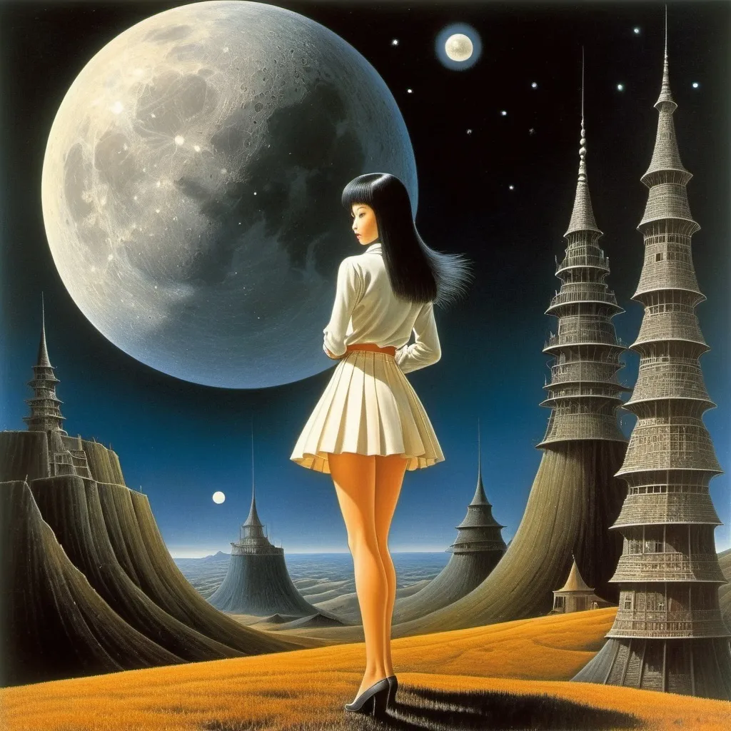 Prompt: Jean Giraud, Remedios Varo, Manuel Orazi, Takeo Takei, Bob Pepper, Surrealism Mysterious Bizarre Fantastic Fantasy Sci-Fi, japanese Anime, Miniskirt Beautiful High School Girl, perfect voluminous body, winding the mainspring of the Moon, detailed masterpiece 