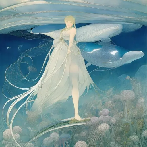 Prompt: Kay Nielsen, Heath Robinson, Mysterious Surreal Fantastic Fantasy Sci-Fi Fantasy Anime, Aerial Whale Walk, Miniskirt Beautiful Girl, perfect voluminous body, detailed masterpiece perspective angles bird’s eye views 