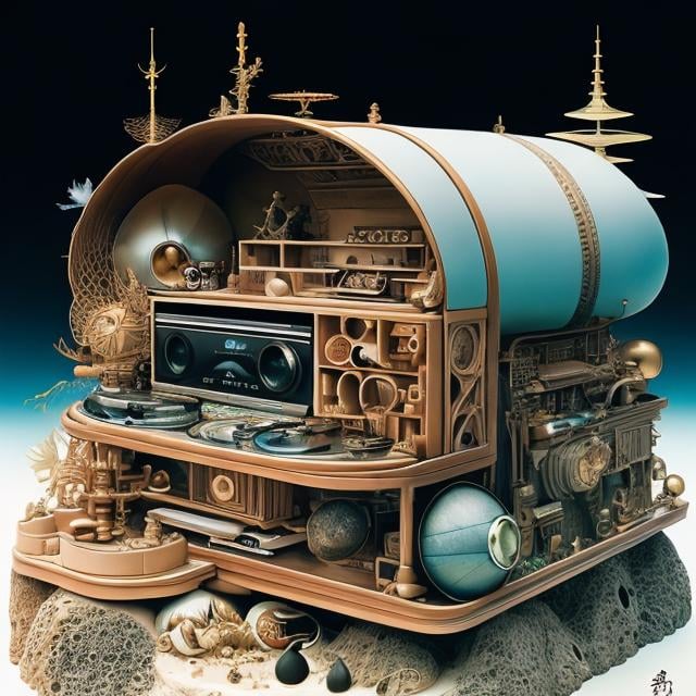 Prompt: Fabrizio Clerici, Katsuhiro Otomo, Mysterious, strange, surreal, bizarre, fantasy, Sci-fi, Japanese anime, ship cross section, beautiful girl on the seashore, perfect voluminous body, record player, detailed masterpiece 