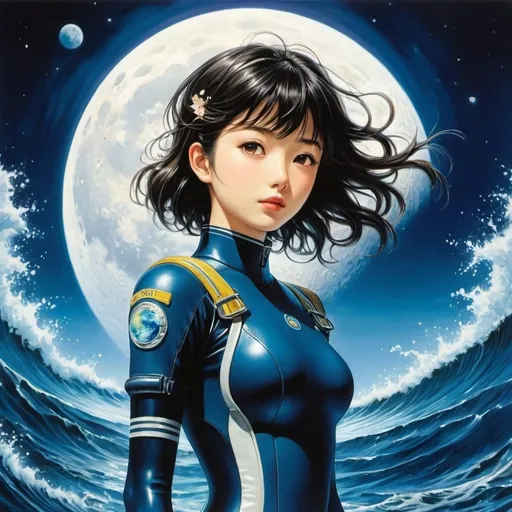 Prompt: Shigeru Tamura, Wiktoria Goryńska, Zofia Stryjeńska, Muggur, Hirohiko Araki, Surrealism Mysterious Weird Fantastic Fantasy Sci-Fi, Japanese Anime, The falling moonlight becomes the ocean and sinks the world, A beautiful girl in a diving suit embraces the moon and the earth, perfect voluminous body, detailed masterpiece low high angles perspectives 