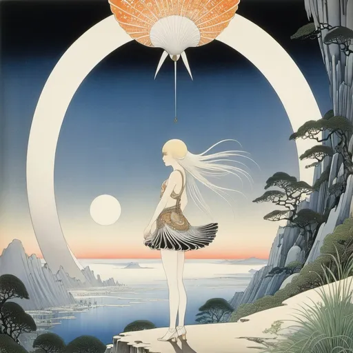 Prompt: Kay Nielsen, Rodney Greenblat, Surreal, mysterious, strange, fantastical, fantasy, Sci-fi, Japanese anime, shell of the savannah, the rising sun, beautiful girl in a miniskirt, perfect voluminous body, detailed masterpiece bird’s eye views angles