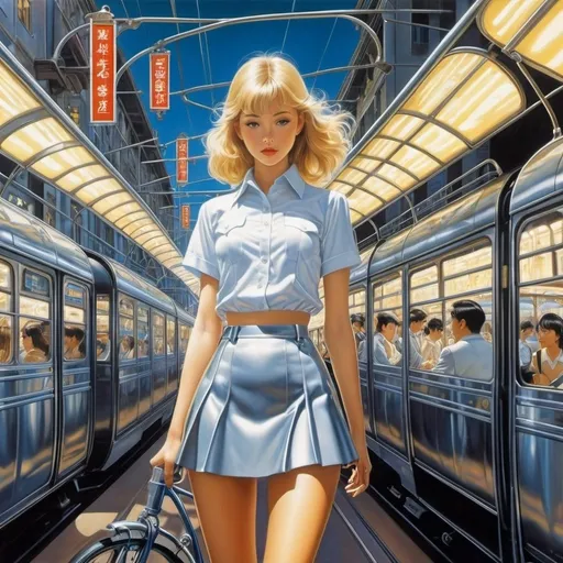 Prompt: Will H. Bradley, Zdeněk Miler, David Füleki, Bill Martin, Hajime Sorayama, Surrealism, strange, bizarre, fantastical, fantasy, Sci-fi, Japanese anime, amusement park-like city, street lights and trams, mechanical devices, bicycles, theater, miniskirt beautiful high school girl, perfect voluminous body, detailed masterpiece 