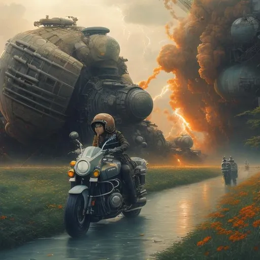 Prompt: Katsuhiro Otomo, Yelena Polenova Surreal Mysterious Weird Fantastic Fantasy Sci-fi Fantasy Anime Doomsday Picnic Motorcycle Beautiful Girl Bottle Planet, hyper detailed masterpiece, depth of field cinematic lightning 