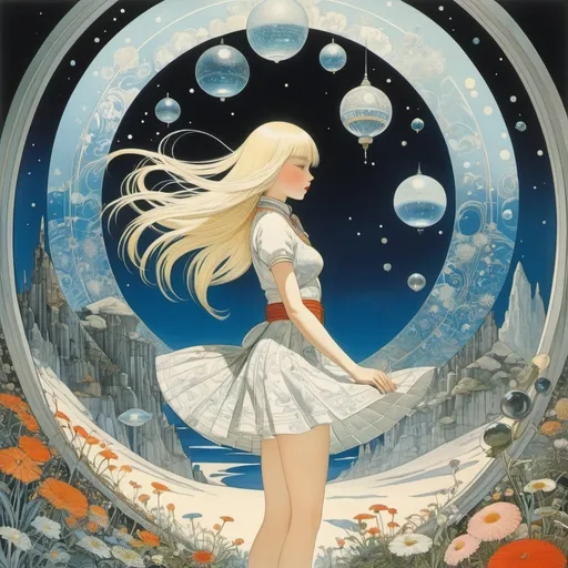 Prompt: Kay Nielsen, Max Ernst, Katsuhiro Otomo, Moto Hahio, Mabel Attwell, Surrealism, wonder, strange, bizarre, fantasy, Sci-fi, Japanese anime, glass border, Bohemian spaceship, magical ecology and the beautiful blonde miniskirt girl Alice, perfect voluminous body, detailed masterpiece 