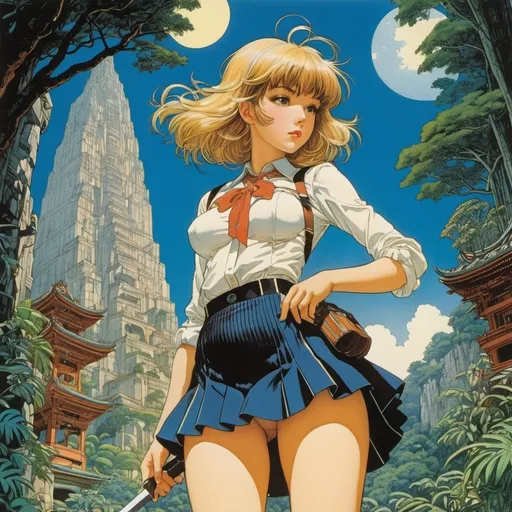 Prompt: George Barbier, Mihály Zichy, Arthur Ernst Becher, Masamune Shirow, Natsuki Takaya, Surrealism, wonder, strange, bizarre, fantasy, Sci-fi, Japanese anime, network jungle, labyrinth behind the lens, beautiful high school girl in a miniskirt looking in, perfect voluminous body, detailed masterpiece 