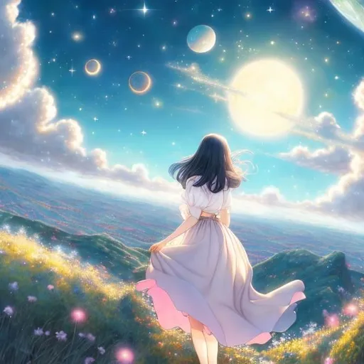 Prompt: Katsura Hoshino, Cicely Mary Barker, Surreal, mysterious, bizarre, fantastical, fantasy, Sci-fi, Japanese anime, beautiful blonde miniskirt girl Alice in a miniskirt watching a meteor shower fall in the dusk on top of a hill, cat with her, deep space, romantic, bird's-eye view, detailed masterpiece depth of field cinematic lighting 
