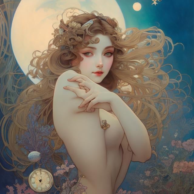 Prompt: Helen nyce, Dali, Alphonse Mucha, Japanese Anime, Surreal Mysterious Weird Fantastic Sci-Fi Fantasy, Beautiful Girl, Perfect Body, Falling Moon, clock, Star Sleeping Under the Sea, detailed masterpiece, high resolution definition quality, depth of field, cinematic lighting 