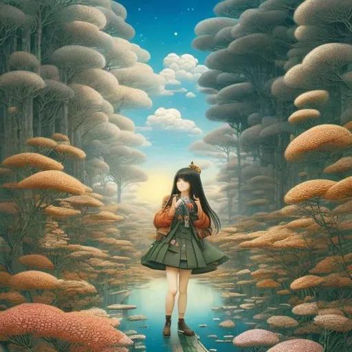 Prompt: Katsuhiro Otomo, Kate Greenaway, Surreal Mysterious Weird Fantastic Fantasy Sci-fi Fantasy Japanese Anime Jacek Yerka style, Galaxy in your Pocket, Miniskirt Beautiful Girl perfect body, detailed masterpiece 