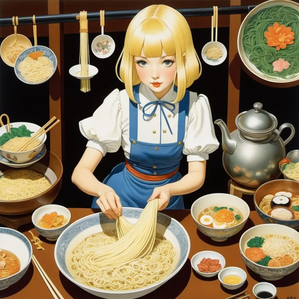 Prompt: George Barbier, Mabel
attwell, Anne Anderson, Katsuhiro Otomo, May Gibbs, Surrealism, Mysterious, Weird, Outlandish, Fantasy, Sci-Fi, Japanese Anime, Alice's noodle making workshop, a beautiful blonde miniskirt girl, perfect voluminous body, Handmade noodles, Science of ramen, Umami and Dashi, Gourmet, detailed masterpiece 