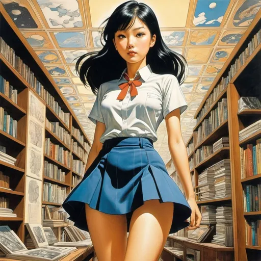 Prompt: Emil Doepler, Mitsumasa Anno, Takeo Takei, Marcello Dudovich, Frank Miller, Surrealism, wonder, strange, fantastical, fantasy, Sci-fi, Japanese anime, natural history of perspective, perspective drawings, cross-sectional drawings, geometric space, physics, and a miniskirt beautiful girl, perfect voluminous body, detailed masterpiece 