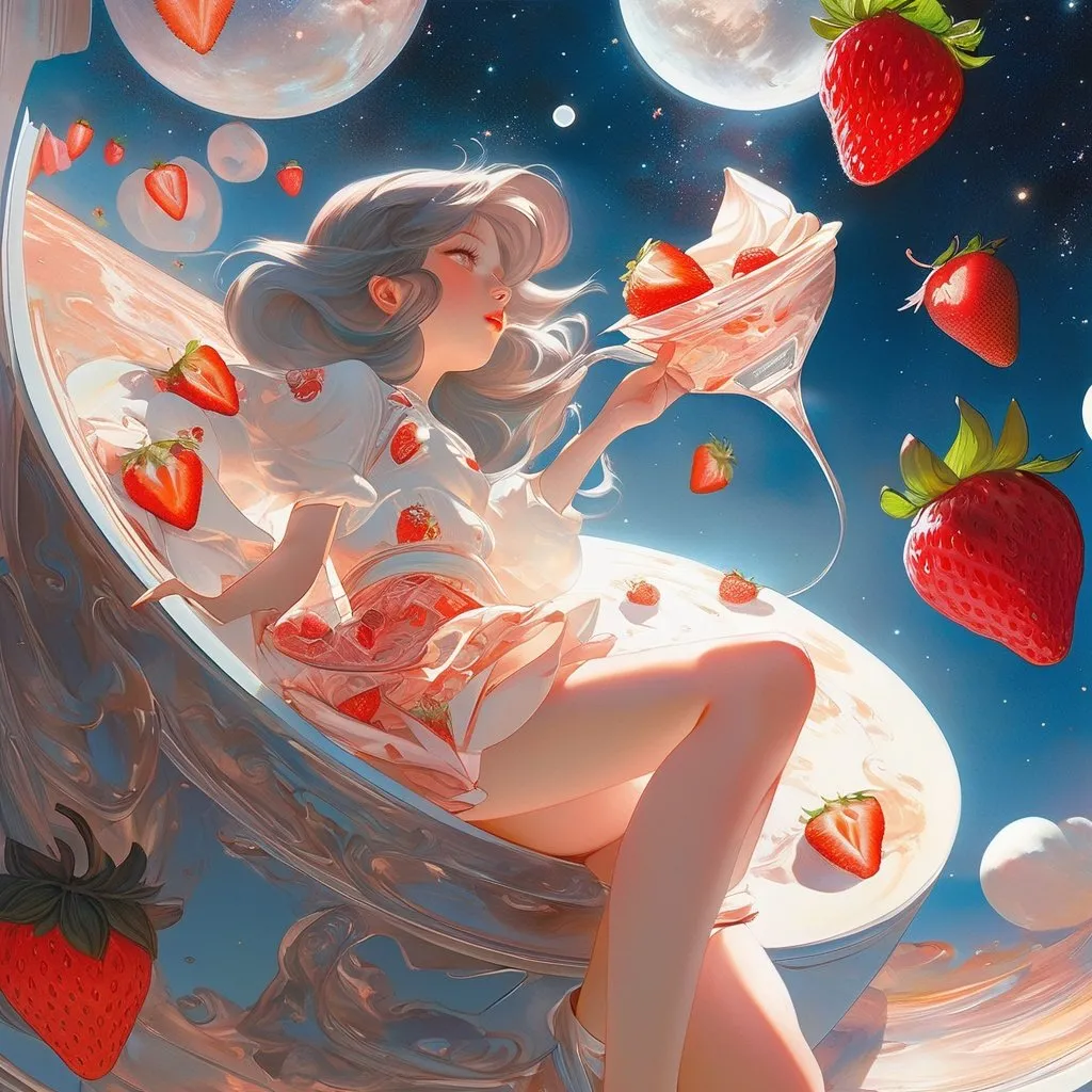 Prompt: Marek Włodarski, James Jean, Surreal, mysterious, strange, fantastical, fantasy, sci-fi, Japanese anime, miniskirt moonlight beautiful girl who comes down to the ground and eats a strawberry parfait, perfect voluminous body, loves cafes, moonless galactic nights, detailed masterpiece 